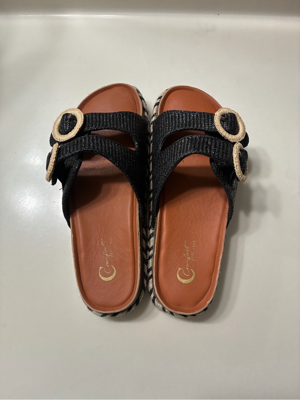 Cato Black Slide Sandals with Tan Accents